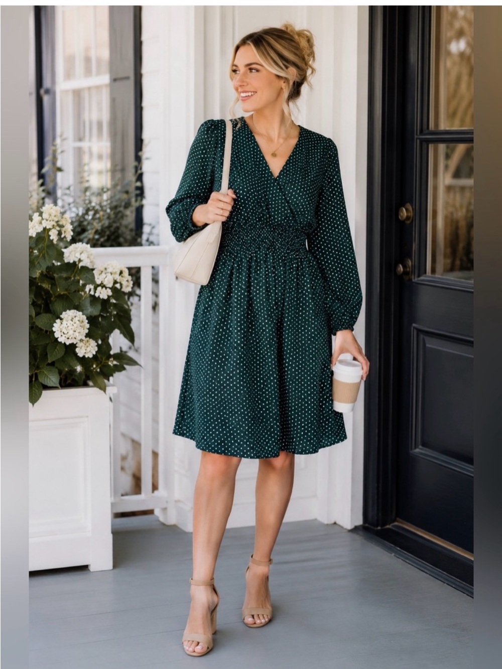 Draper James sz Extra Small XS Dark Green Polka Dot Puff sleeve V-Neck Dress